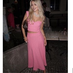 NEW Zara Tweed Textured High Waist Midi Skirt Candy Barbie Long Pink XL NWT